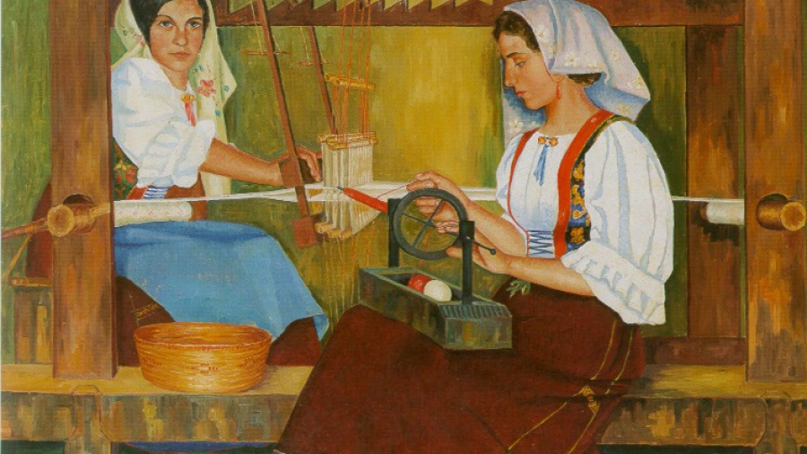 Al-Telaio-Antonio-Mura-1902-1972 - Quadro con due giovani donne intente alla tessitura