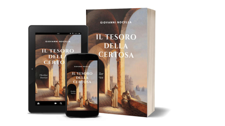 Mockup di Il Tesoro della Certosa con cartaceo ed ebook su cellulare e lettore
